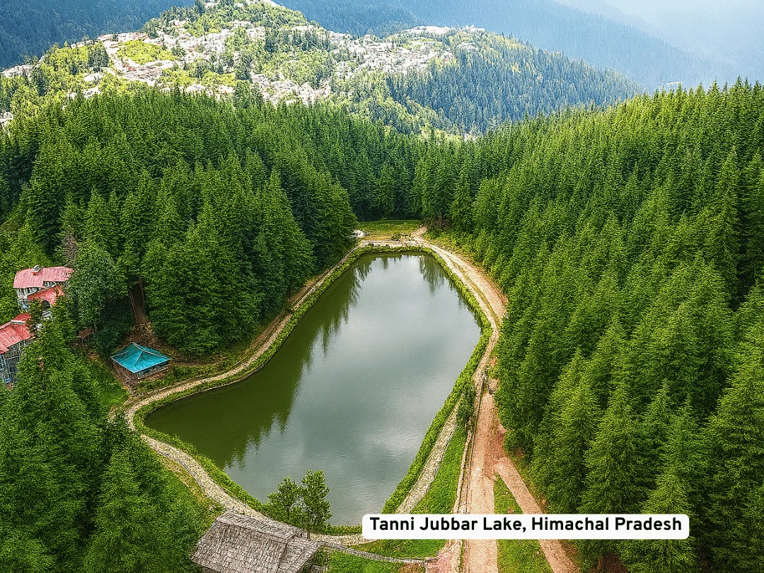 Aerial view of Tanni Jubbar Lake, a top spot for Narkanda sightseeing.